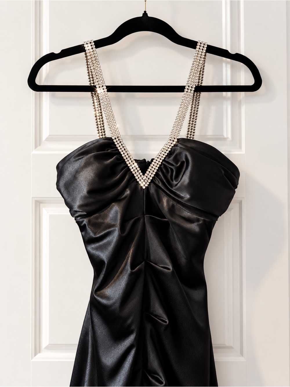 Vintage Y2K Black Satin Evening Dress with Rhinestone Straps